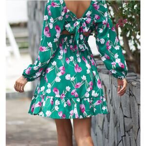BT BTFBM Floral Boho Square Neck Long Puff Sleeve Mini Dress WMNS L Green/Pink